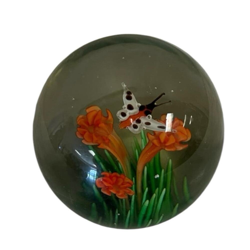 Art glass sphere butterfly and floral paperweight